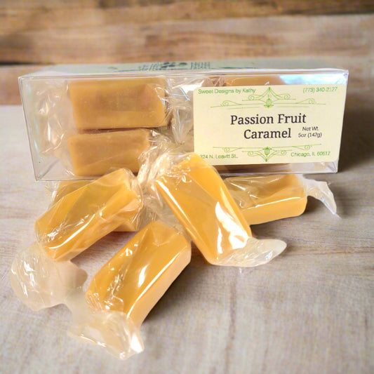 Passion fruit caramels in clear packaging with a label.