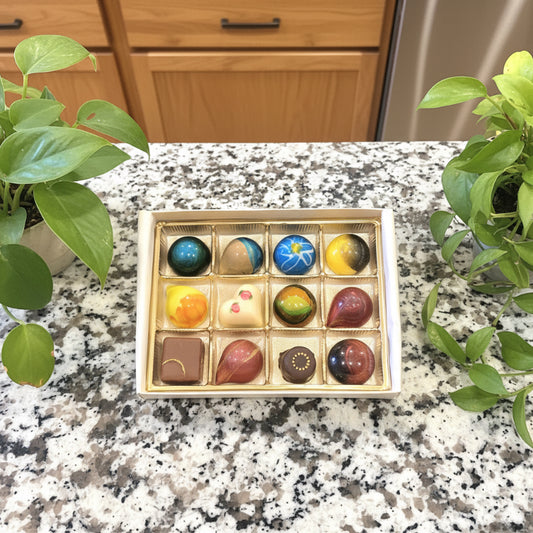 Box of assorted colorful chocolates on a marble surface
