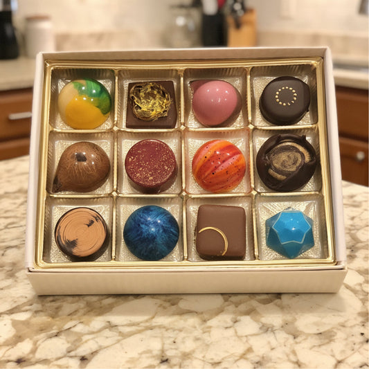 Box of chocolates shaped like celestial bodies on a marble surface