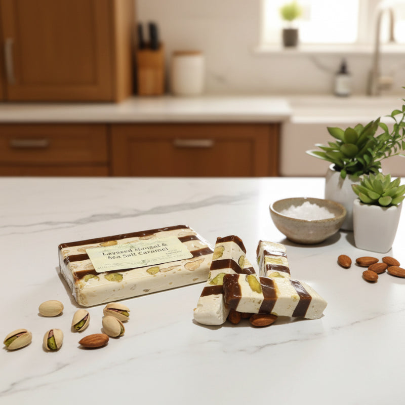 nougat candy with layers of sea salt caramel on a counter